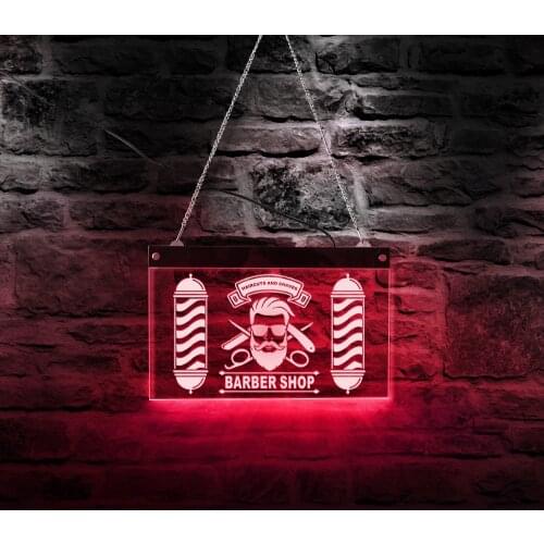Barber Shop LED Neon Sign Barber Pole Styling Logo Haircuts And Shaves Acrylic Hanging Decorative Light