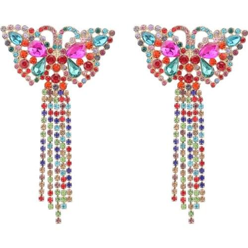 Butterfly-Shaped Colorful Rhinestone Metal Long Earrings Crystal Chain Tassels Jewelry Accessories For Women