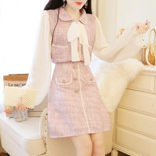 Womens Cute Kawaii Two Piece Set Temperament Lapel Bow Lantern Sleeve Single-Breasted Top + High Waist Mini Skirt Suit
