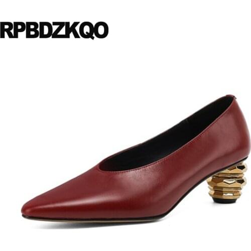 Pointed Toe Formal Strange Wine Red Fashion Metal Size 33 2021 Black Work Shoes Women Leather Pumps Chunky Genuine High Heels