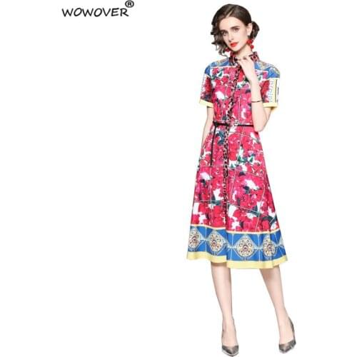 2021 Women Fashion Designers Summer Runway Dress Short Sleeve Robe Elegant Leopard Print Midi Aline Vintage Vestidos