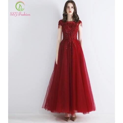 SSYFashion New Bride Banquet Elegant Evening Dress Burgundy Lace Appliques Formal Dress Women Long Party Gown Robe De Soiree