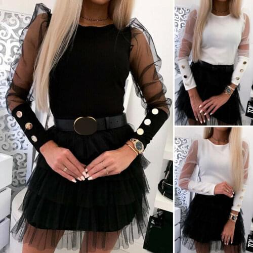 2020 Fashion Women Mesh Long Puff Sleeve Blouses Ladies Spring Autumn Casual Tops Party Clubwear Clothes Black White DropShip
