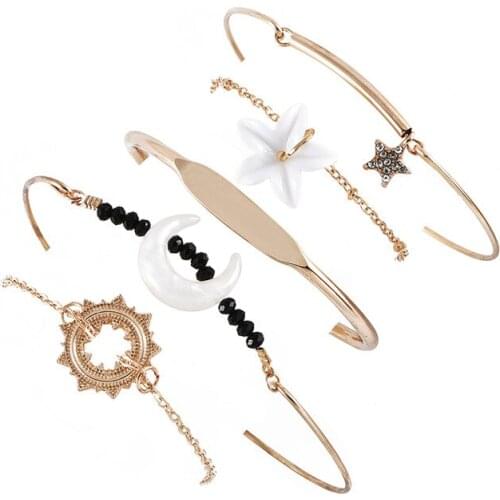 5 Pcs/set Fashion Gold Bohemian Flower Moon Star Bracelets Bangles Set Vintage Multilayer Cuff Bracelet for Women Jewelry Gifts