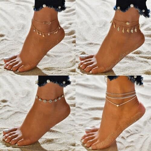 Boho Heart Multilayer Anklets Barefoot Crochet Sandals Foot Jewelry Leg Anklets On Foot Ankle Bracelets For Women Leg Chain