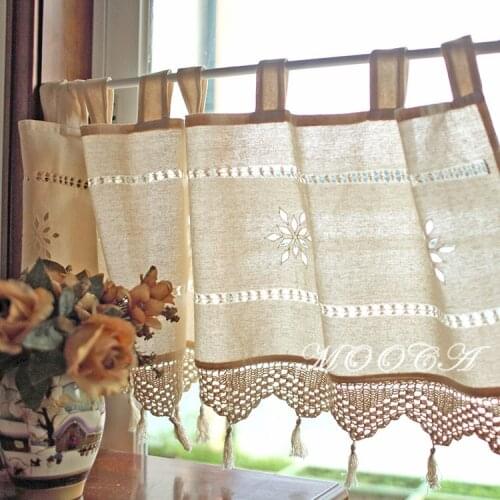 Rustic cotton short kitchen curtain with crochet lace tassel 45x150cm decoration crochet curtain