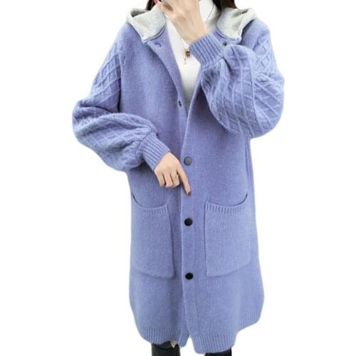 Spring Knitted Jacket Ladies New Autumn Sweater Female Mid-Length Loose Hooded Outer Wear Women Knitt Cardigan Outerwear