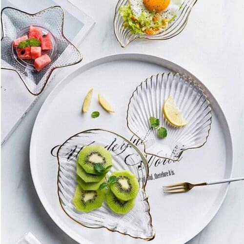 Creative Ocean Dessert Dishes Golden Edge Transparent Glass Starfish Shell Shaped Salad Bowl Tableware Decorative Bread Plates
