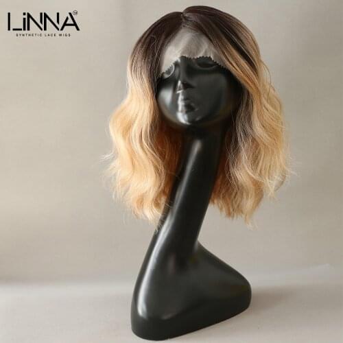 LINNA Lace Front Synthetic Hair Wigs Ombre Brown Blonde Color Natural Wave Cosplay Wig Side Part 12'' Short Bob L Part Lace Wig