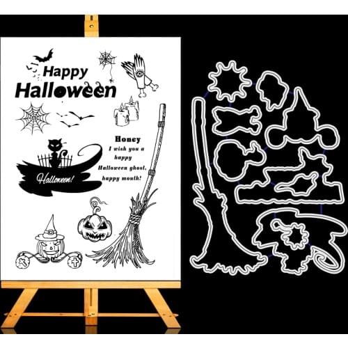 Halloween Wishes Metal Cutting Dies and Clear Stamp Set for DIY Scrapbooking Photo Album Decoretive Embossing Stencial