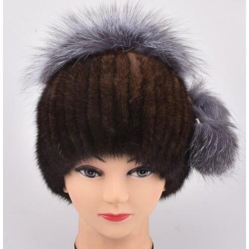 Natural Fur Beanie Hat for Women Winter Luxury Fox Fur Top Hat Beanies Thicken Knitting Lined Female Newest Hats Cap