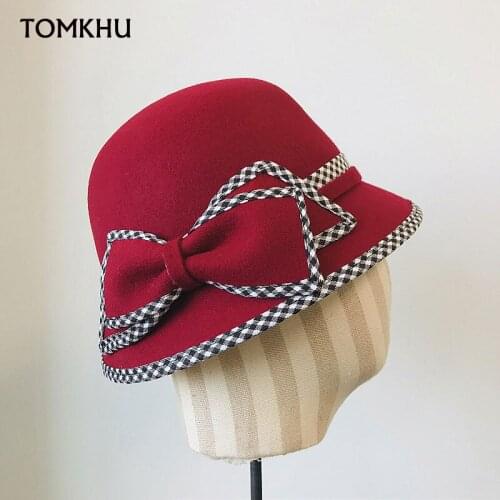 New Beret Bucket Hat For Women Fascinator Hat Bow-knot Decoration Wool Cap For Lady Adult Casual Warm Winter Quality K Pop Cap