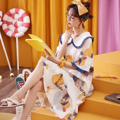 Women Nightgowns Summer Pajamas Set Ruffles Turn-down Collar Oversized Pajamas Dress Cute Cartoon Printed Cotton Girl Sleepwear