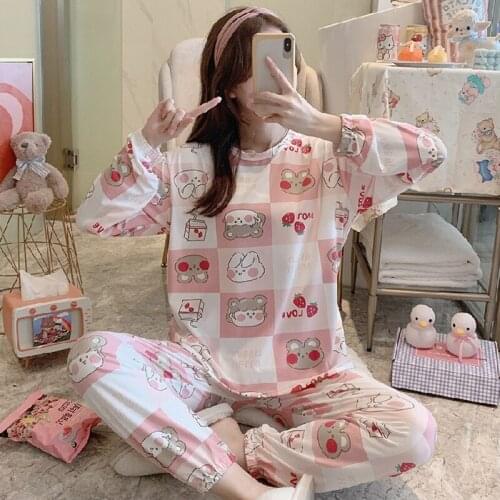 2020 Spring Autumn Cute Cartoon Long Sleeve Pajama Sets for Women Sleepwear Suit Pyjama Femme Pijama Mujer Homewear Home Clothes