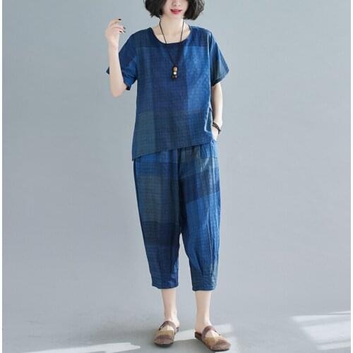 Casual Sets 2021 New Arrival Thin Soft Cotton Linen Plaid Fashion Women Clothes Set Loose Tops Harem Pants Two Piece Summer Sets
