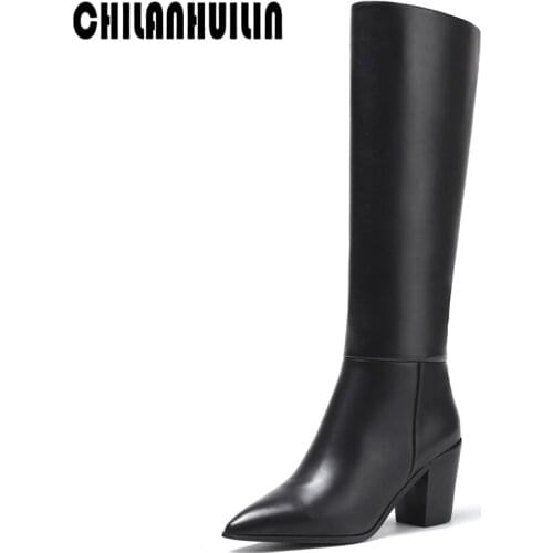Simple design soft leather knee high boots woman thick high heel pointed toe knee-length boots mixed leather outdoor snow boots