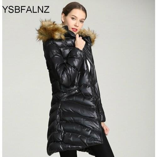 Chamarras De Mujer Glossy Down Padded Jacket Mid-length Warm Female Coats Slim Removable Hooded Fur Collar Chaquetas 2021 Winter