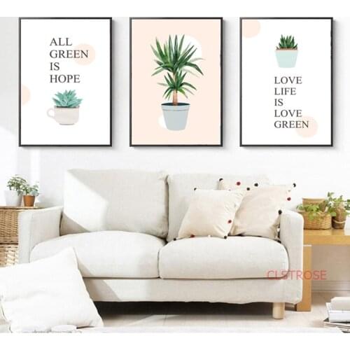 Nordic Poster Art Small Fresh Leaf Plant Canvas Painting Green Plant Pot Wall Pictures For Living Room Home Decoration No Frame