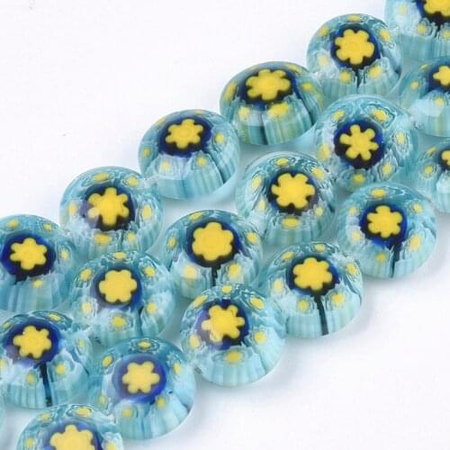 About 48-50pcs/strand Handmade Lampwork Millefiori Glass Beads Yellow Flower Flat Round Loose Beads for Jewelry Making DIY Craft