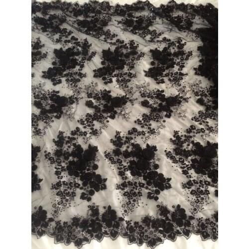 Top quality L-422 embroidery tulle mesh lace fabric 3d flower with beads in black for party dress