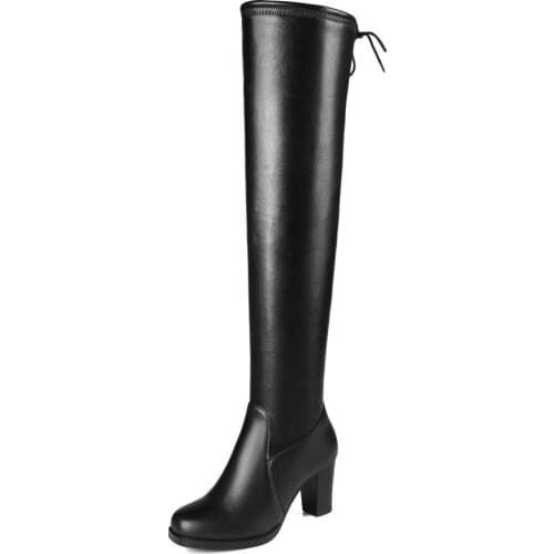 Original Intention Nice Stylish Women Knee-High Boots Sqaure Toe Square Heels Boots Beautiful Black Shoes Woman US Size 3-13