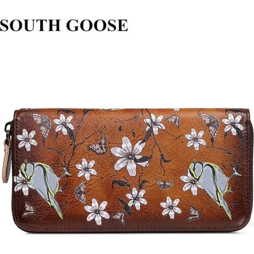 SOUTH GOOSE New Women Clutch Genuine Leather Wallet Printing Floral Female Retro Long Wallet Ladies Zipper Purse Strap Money Bag