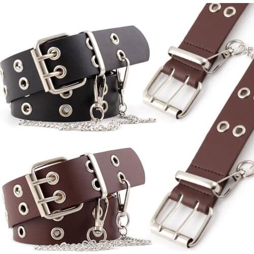 Double Eyelet Grommet Women Belt Imitation Leather Pin Buckle Belt New Punk Wind Jeans Fashion Individual Decorative Belt Chain