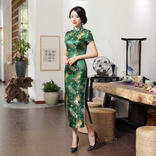 New Green Satin Flower Cheongsam Chinese Classic Women Sexy Qipao Elegant Short Sleeve Long Novelty Dress Plus Size 3XL