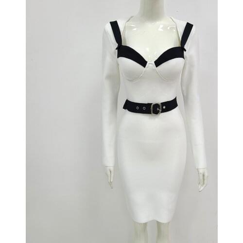 2021 New Fashion Women White Black Patchwork Long Sleeve Mini Bodycon Bandage Dress