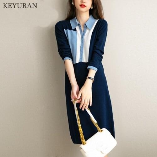New Autumn Winter Women Knitted Dress Turn-down Collar Patchwork Sweater Dresses Lady Slim Long Sleeve Bottoming Dress Vestidos