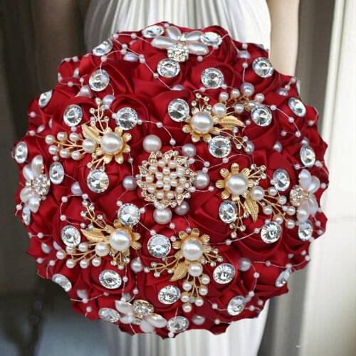 1pc/lot Red Ribbon bride holding flowers with pearl for wedding decoration