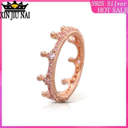 100% Sterling silver 925 fashion jewelry retro palace ladies elegant Crown ring to give girls Pink Romantic Royal Court Princess