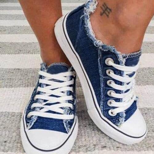 2021 Spring and Autumn Single Shoes Korean Denim Canvas Shoes Low Top Lace Casual Large Womens Shoes Flat Soled Student Shoes