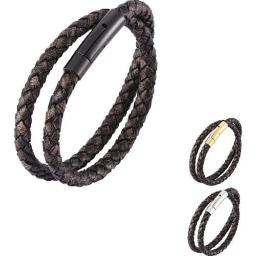 2021 Vintage Braided Leather Multi Layer Wrap Bracelet Stainless Steel Snaps For Men Women Fashion Jewelry Gifts BB0489