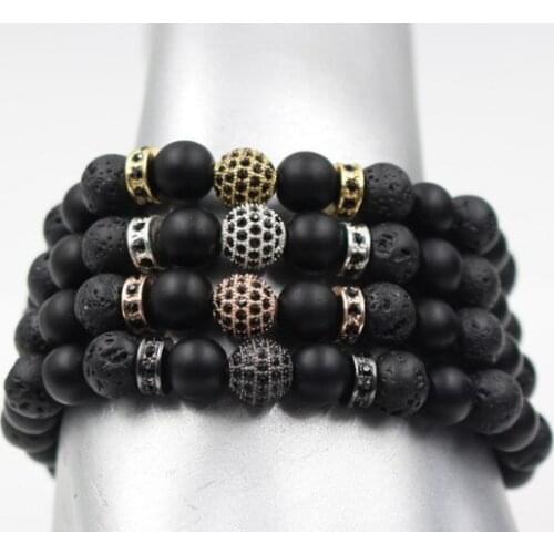 8mm 6g245 gold silver Copper cz zircon cubic zirconia elastic adjusted stone black volcanic lava agate Onyx Bracelet Bangles