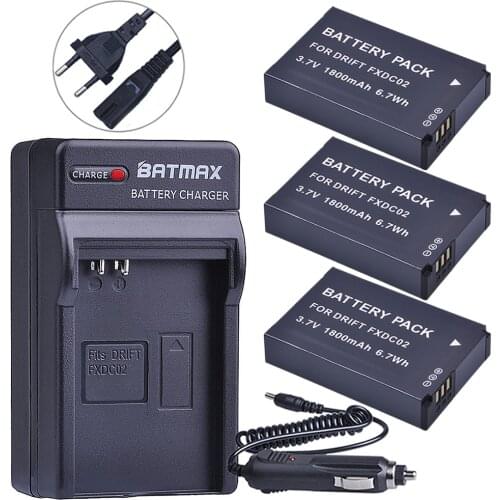 Batmax 3pcs 1800mAh FXDC02 Camera Battery Digital charger for Drift 72-011-00 FXDC02 CFXDC02 HD Ghost Ghost-S HD720 camera