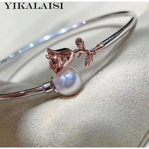 YIKALAISI 925 Sterling Silver Jewelry For Women 9-10mm Round Natural Freshwater Pearl Rose type Bracelet Wholesale