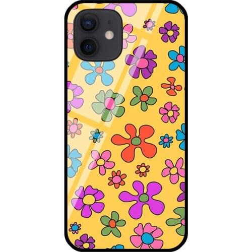 70s Flower Funky yellow Flowers Tempered Glass Phone Case For iPhone XR X XS 6 7 8 Plus SE 2020 12 mini 11 Pro Max Cover