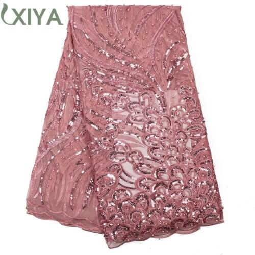 Baby Pink Sequins Lace Fabric Embroidery Nigeria Net Lace Fabric with Beads High Quality African Tulle Mesh Lace Fabric APW3187B