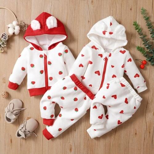 Baby Winter Girls Clothing Set Bear Ear Christmas Cartoon Heart Childrens Clothing 2Pcs Long Sleeve Tops Pant Sports Suit