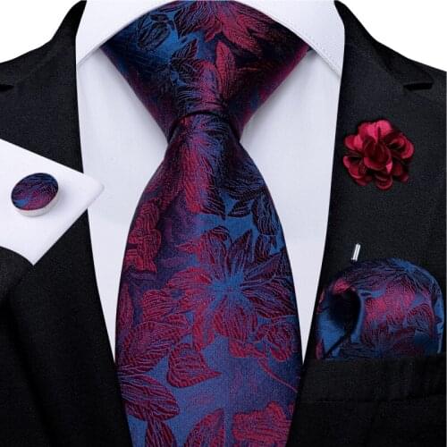 Red Floral Purple Ties For Men With Red Brooch Pin Wedding Party Neck Tie Handkerchief Set Wedding Accessories Tie Set Corbatas
