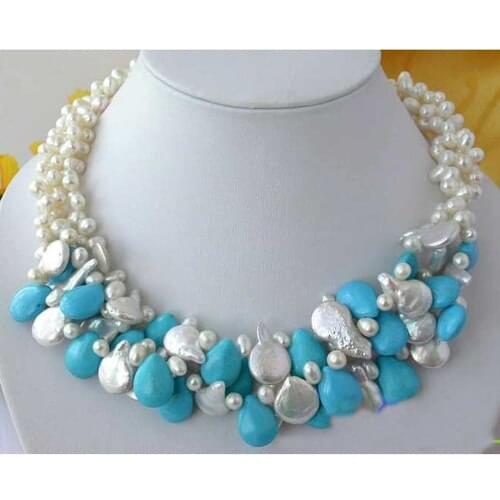 Perfect Pearl Jewellery,3 Rows 6-14mm White Color Freshwater Pearl Blue Drip Tur-quoise Necklace,Fashion Women Jewelry Gift