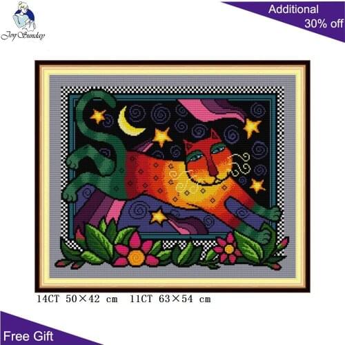 Joy Sunday Rainbow Cat KB102 14CT 11CT Counted and Stamped Home Decor Animal Cute Cat Embroidery DIY Cross Stitch kits