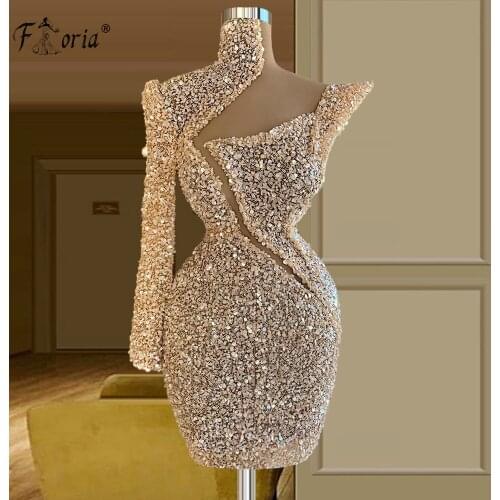 High Neck One Shoulder Long Sleeve Cocktail Dresses 2021 Luxury Beaded Sequined African Women Champagne Homecoming Dress Short