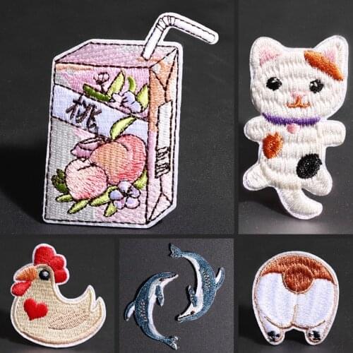 Lovely animal patches cat dog cock and dolphin children clothes Decorative Decal Peach juice drink Hat bag Cartoon Badge