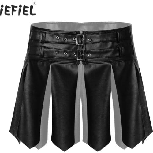 Mens Nightclub Stage Performance Costume Waistband Zipper Skirt Wetlook Faux Leather Miniskirt Tassel Adjustable Buckle Skirts