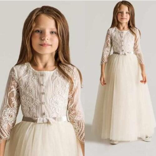 Latest Crew Lace Tulle Flower Girls' Dresses For Weddings Long Sleeves Appliques Ruched 2019 New First Communion Gowns Cheap Top