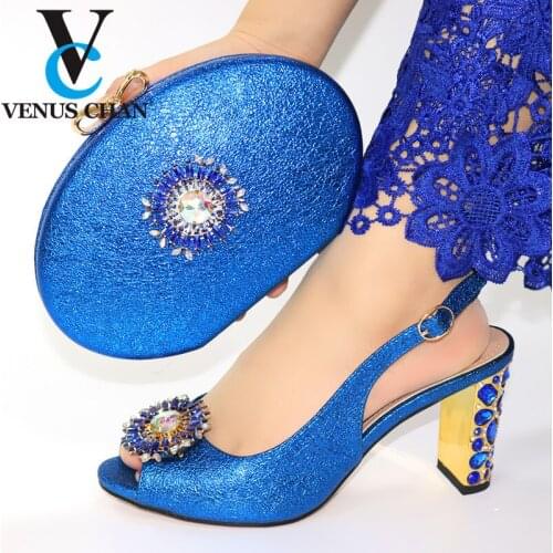 2020 New High Heels Blue Italian Designer Shoes And Bag Set To Match Afican Party Shoes With Matching Bags Set