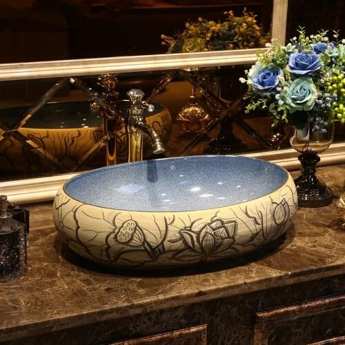 Oval Europe Vintage Style Art Porcelain Counter top Basin Sink Handmade Ceramic Bathroom Vessel Sink Vanities art basin ceramic