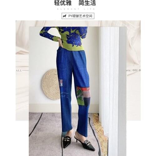 HOT SELLING Miyake Pleated Straight leg pants split elastic waist denim print pants trousers of fold IN STOCK